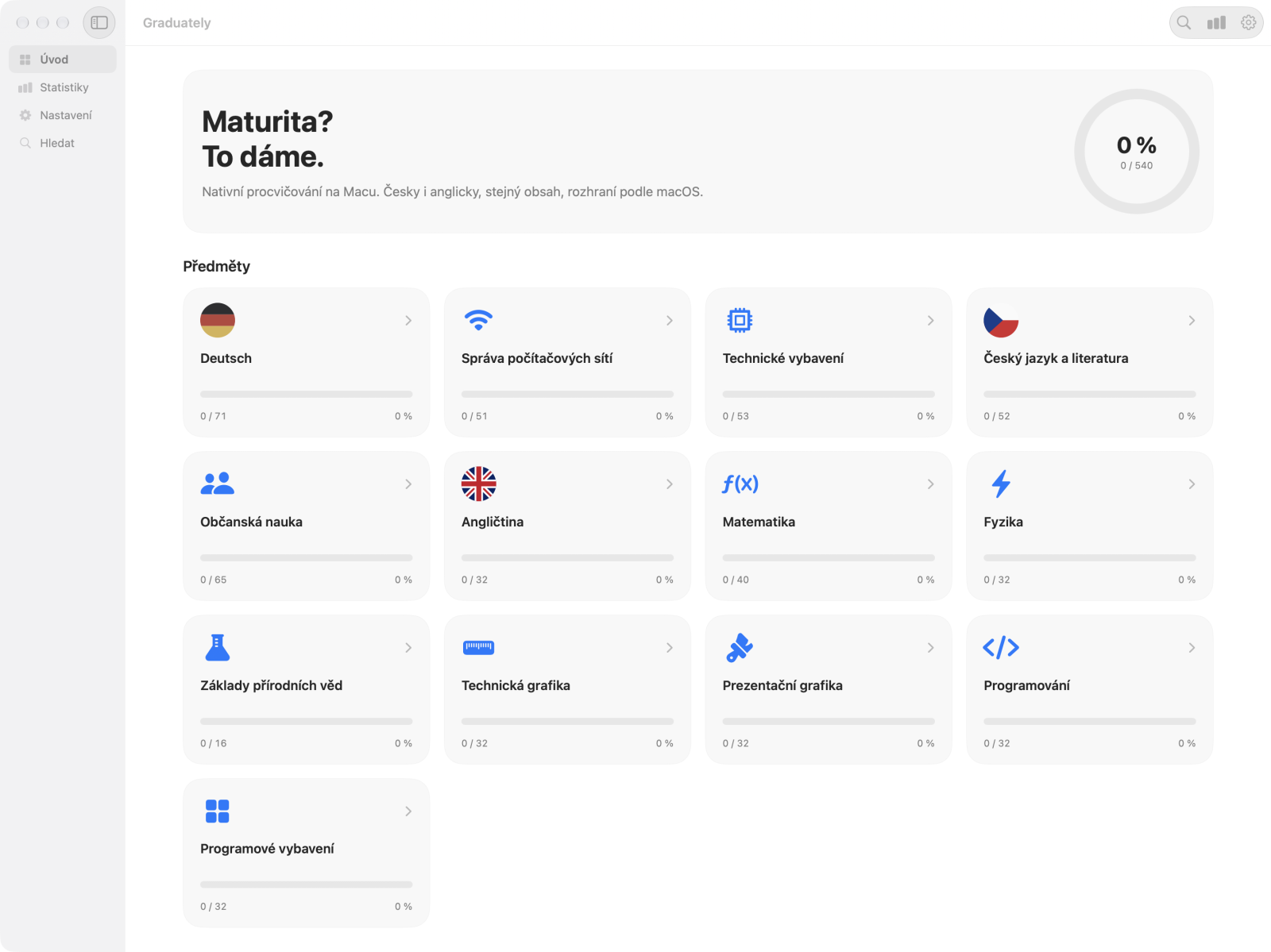 The Graduately welcome screen on a Mac, with overall progress and the grid of subjects.